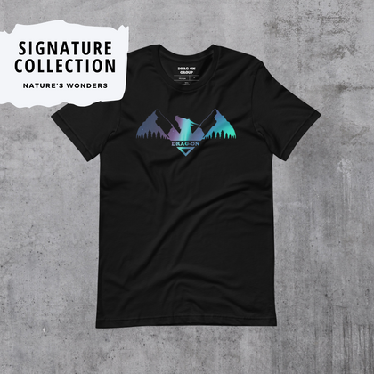 Our Signature Collection represents adventurous environments across the globe: Arctic Aurora, Desert Sand, City Bricks, and Midnight Galaxy.  | White T-shirt with Aurora Dragon logo print