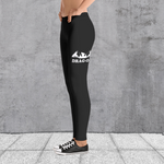 Black spandex stretch leggings with large Drag-On logo on thigh