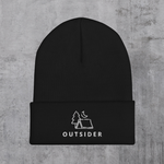 Black knit beanie with embroidered "Outsider" graphic of tent, tree, and moon