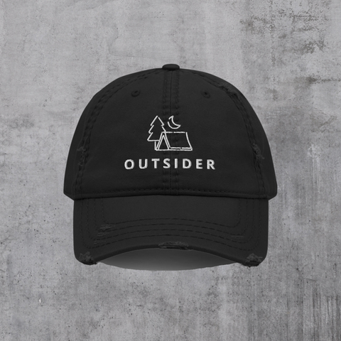 Black; Torn distressed dad hat with embroidered "Outsider" graphic of tent, tree, and moon