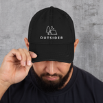 Black; Torn distressed dad hat with embroidered "Outsider" graphic of tent, tree, and moon