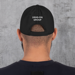 Black; Torn distressed dad hat with embroidered "Outsider" graphic of tent, tree, and moon