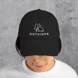 Black; Torn distressed dad hat with embroidered "Outsider" graphic of tent, tree, and moon