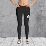 Black spandex stretch leggings with large Drag-On logo on thigh