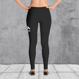 Black spandex stretch leggings with large Drag-On logo on thigh