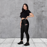 Spandex stretch black leggings with thigh pockets; "Stay strong and drag on" pocket graphic with red Oregon outline; high waist