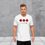 White t-shirt with 3 red circles containing icons - tent, first aid kit, bonfire; dark gray inside hood and strings