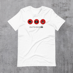 White t-shirt with 3 red circles containing icons - tent, first aid kit, bonfire; dark gray inside hood and strings