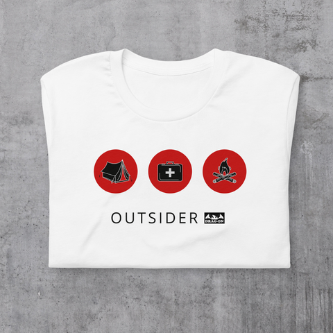 White t-shirt with 3 red circles containing icons - tent, first aid kit, bonfire; dark gray inside hood and strings