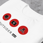 White t-shirt with 3 red circles containing icons - tent, first aid kit, bonfire; dark gray inside hood and strings