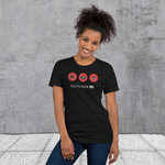 Black t-shirt with 3 red circles containing icons - tent, first aid kit, bonfire; dark gray inside hood and strings