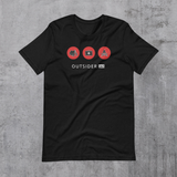 Black t-shirt with 3 red circles containing icons - tent, first aid kit, bonfire; dark gray inside hood and strings