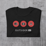 Black t-shirt with 3 red circles containing icons - tent, first aid kit, bonfire; dark gray inside hood and strings