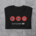 Black t-shirt with 3 red circles containing icons - tent, first aid kit, bonfire; dark gray inside hood and strings