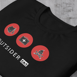 Black t-shirt with 3 red circles containing icons - tent, first aid kit, bonfire; dark gray inside hood and strings