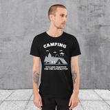 Man in Black t-shirt with "Camping: It's like practice for the apocalypse" and graphic of tent, mountains, and evergreen trees.