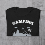 Black t-shirt with "Camping: It's like practice for the apocalypse" and graphic of tent, mountains, and evergreen trees. (folded)